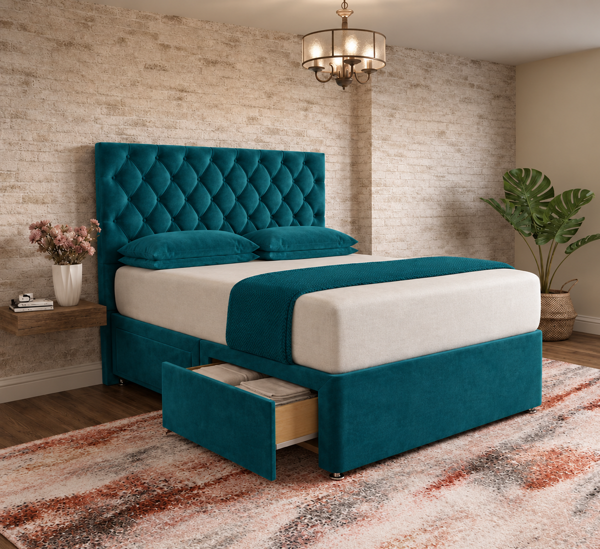 Mayfair Chesterfield Divan Bed - Teal Plush Velvet