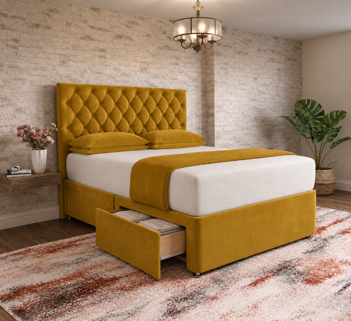 Mayfair Chesterfield Divan Bed - Tumeric Plush Velvet