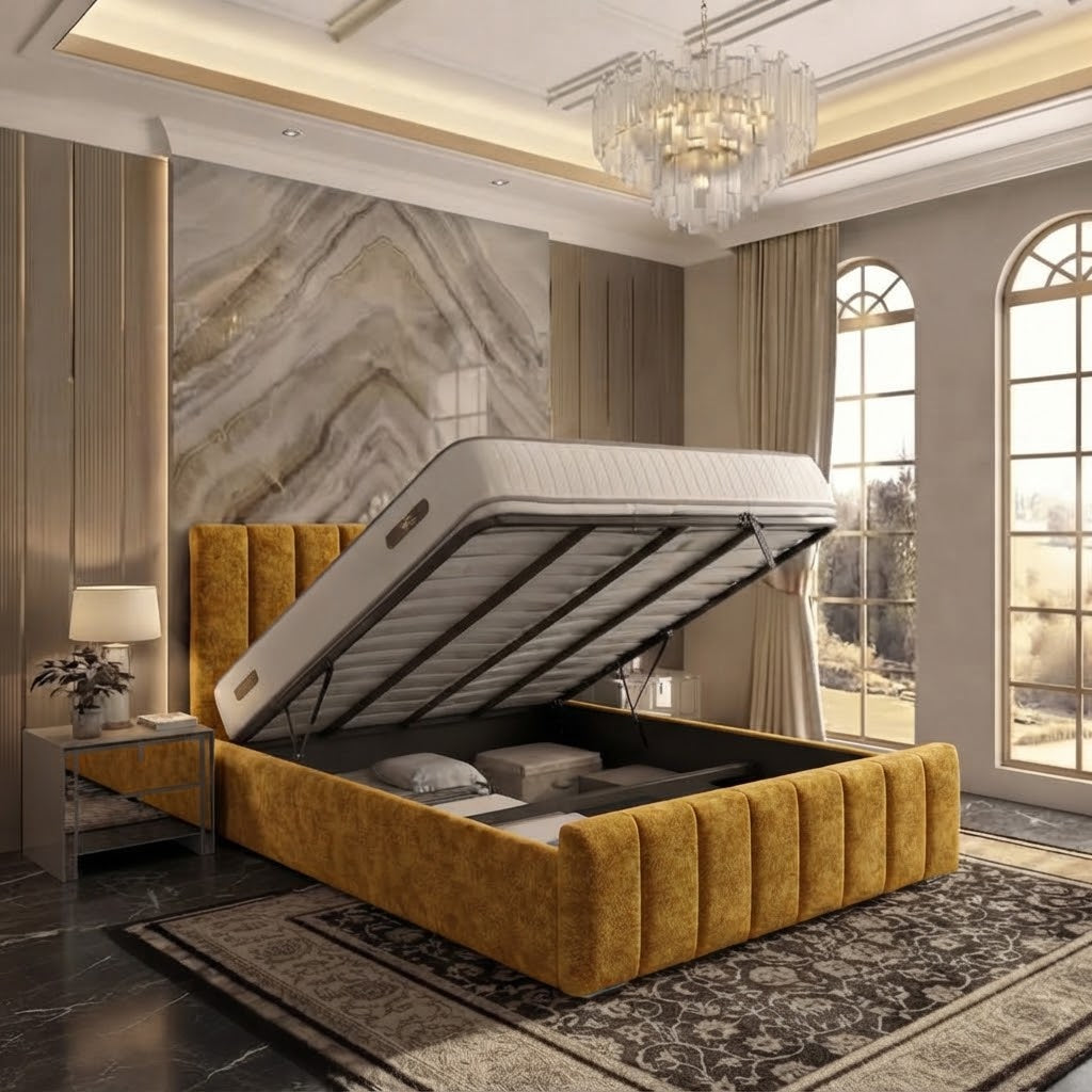 Monaco Upholstered Ottoman Bed - Tumeric Plush Velvet