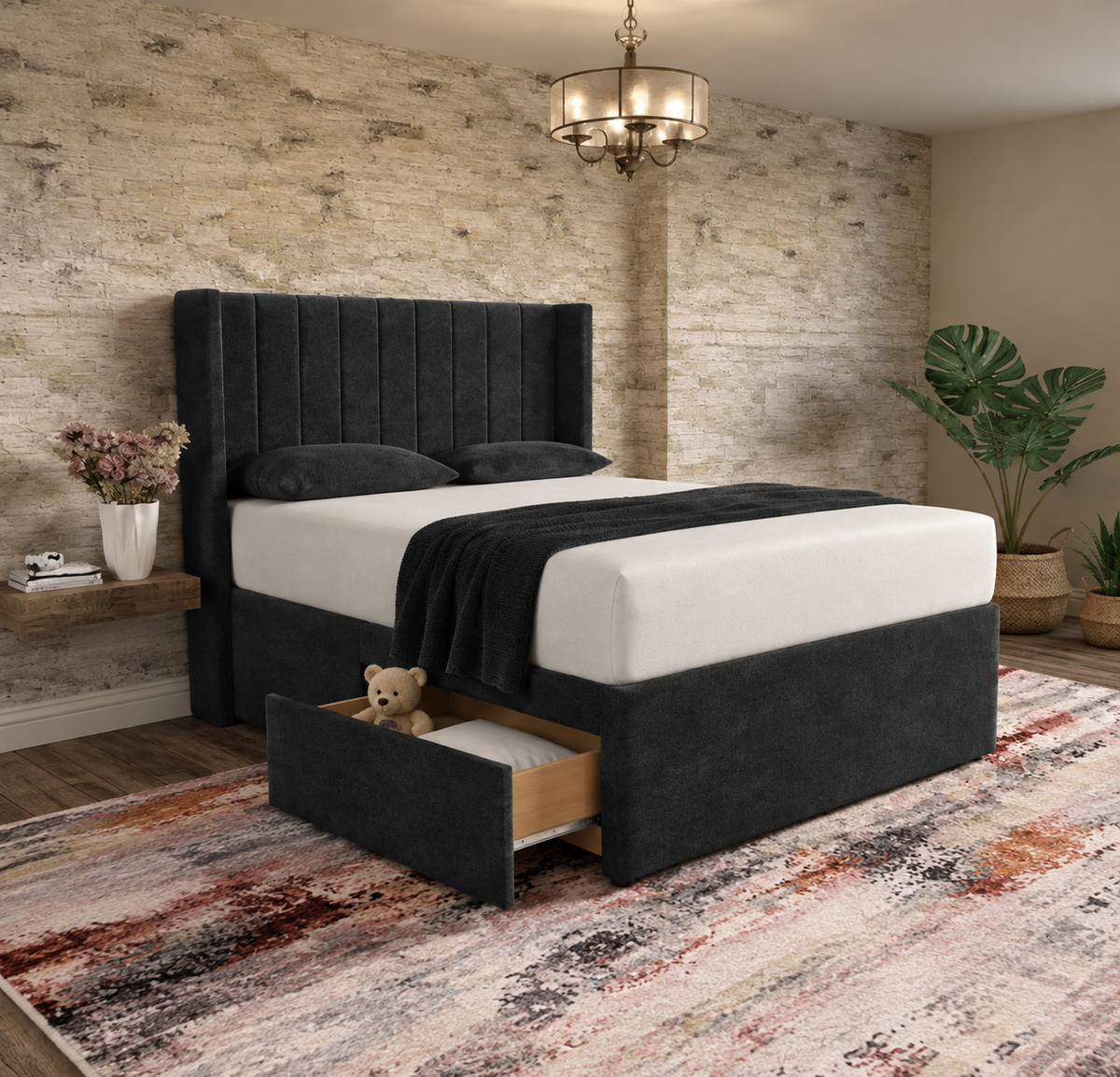 Nexus Wingback Bed - Black Chenille