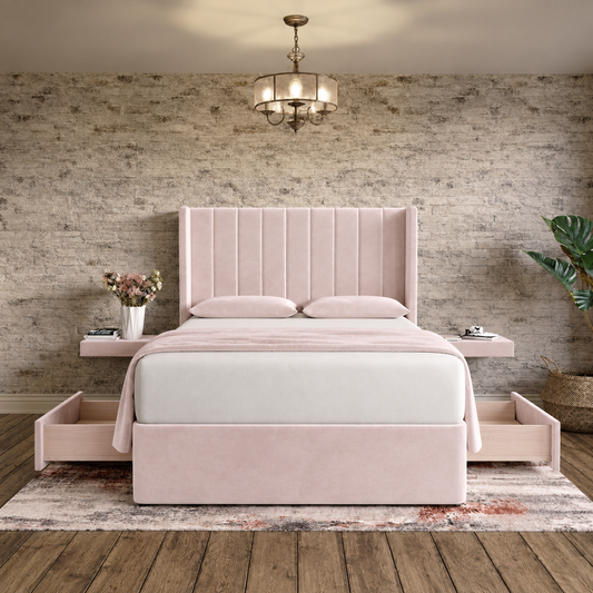 Nexus Wingback Bed - Soft Pink Plush Velvet