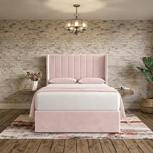 Nexus Wingback Bed - Soft Pink Plush Velvet