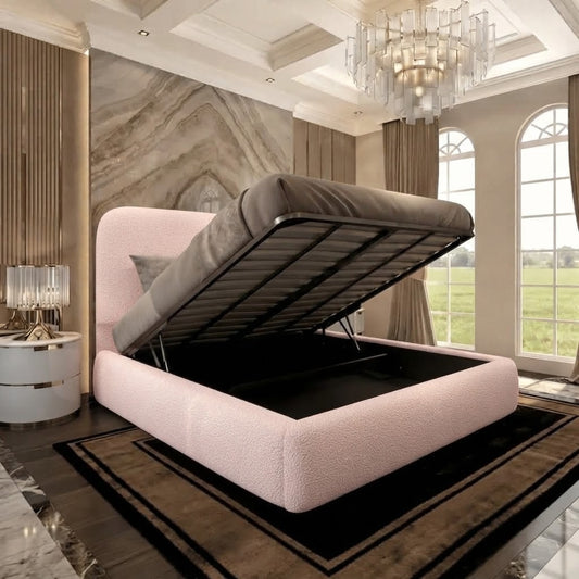 Nimbus Upholstered Ottoman Bed - Soft Pink Plush Velvet