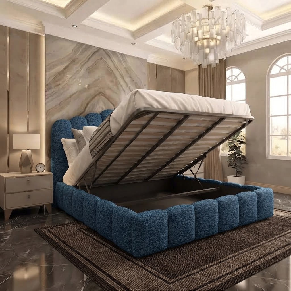 Pebble Upholstered Ottoman Bed - Blue Naples