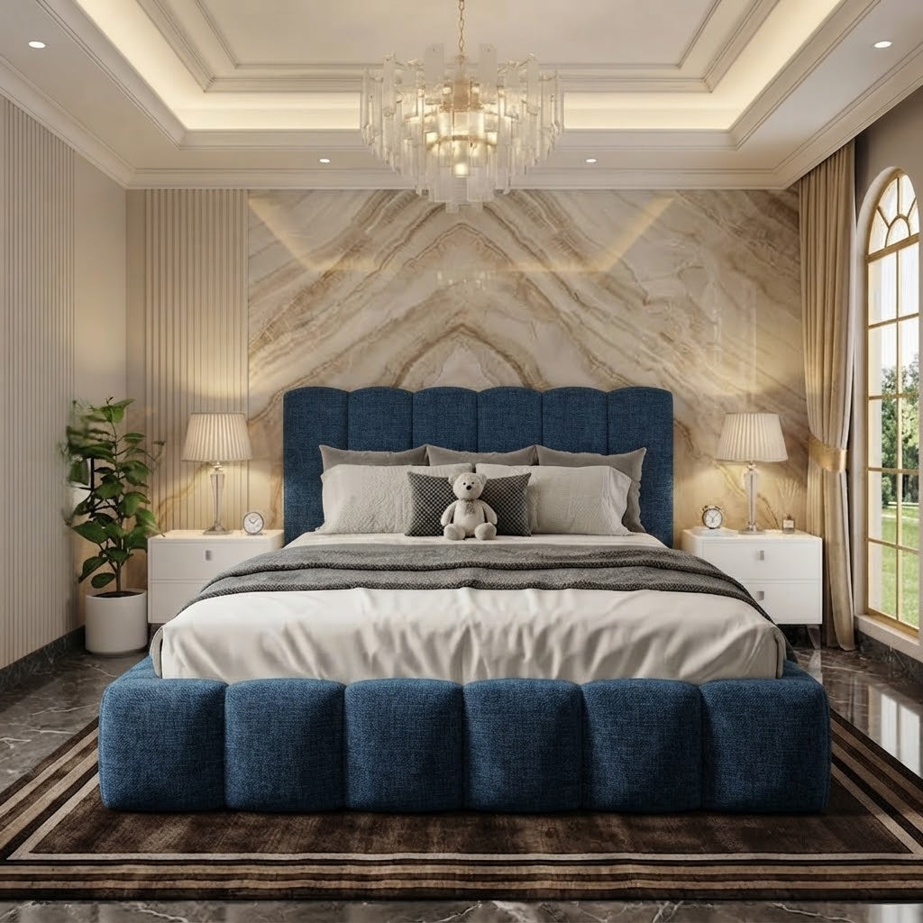 Pebble Upholstered Ottoman Bed - Blue Naples