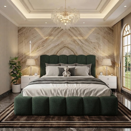 Pebble Upholstered Ottoman Bed - Green Plush Velvet