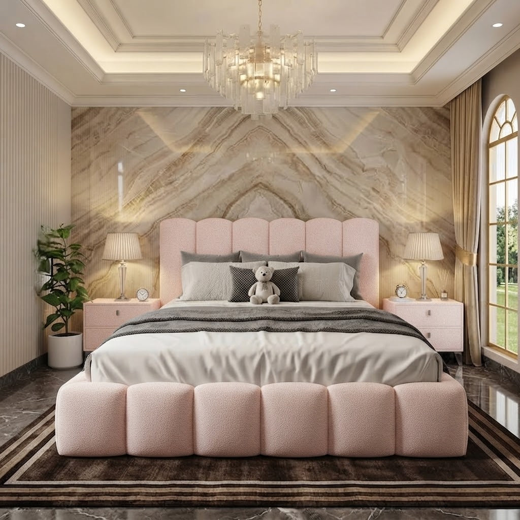Pebble Upholstered Ottoman Bed - Soft Pink Plush Velvet