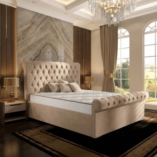 Perl Chesterfield Upholstered Ottoman Bed - Beige Plush Velvet