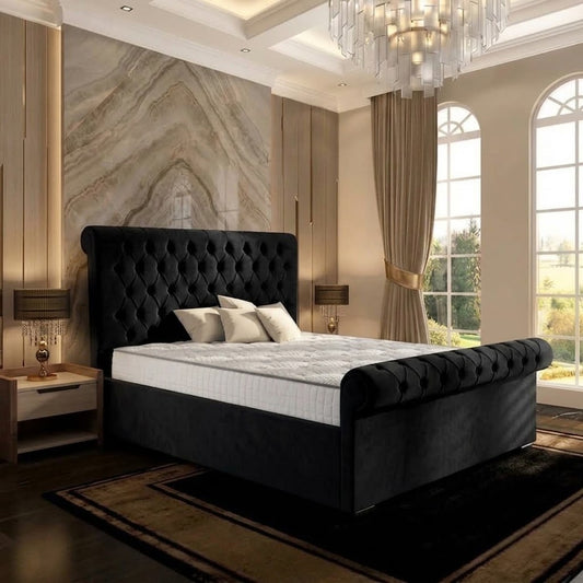 Perl Chesterfield Upholstered Ottoman Bed - Black Plush Velvet