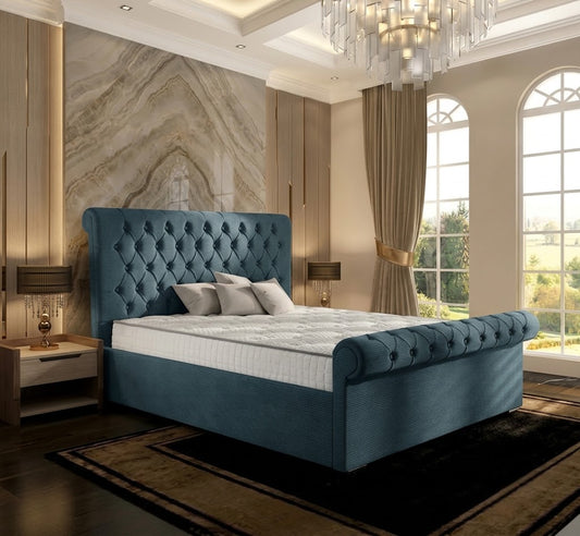 Perl Chesterfield Upholstered Ottoman Bed - Blue Chenille