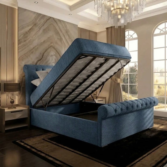 Perl Chesterfield Upholstered Ottoman Bed - Blue Chenille