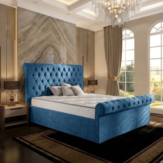 Perl Chesterfield Upholstered Ottoman Bed - Blue Naples