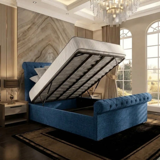 Perl Chesterfield Upholstered Ottoman Bed - Blue Naples