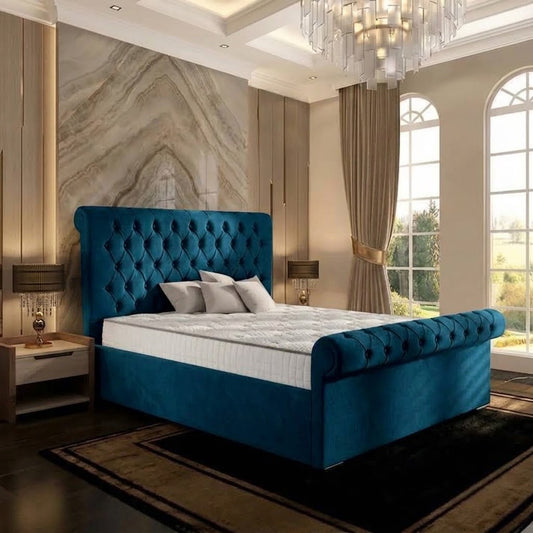Perl Chesterfield Upholstered Ottoman Bed - Blue Plush Velvet