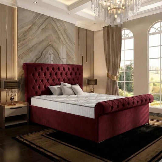 Perl Chesterfield Upholstered Ottoman Bed - Burgundy Plush Velvet