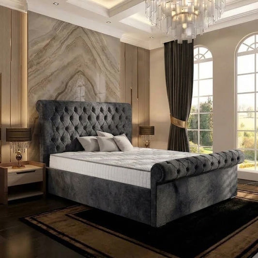 Perl Chesterfield Upholstered Ottoman Bed - Charcoal Plush Velvet