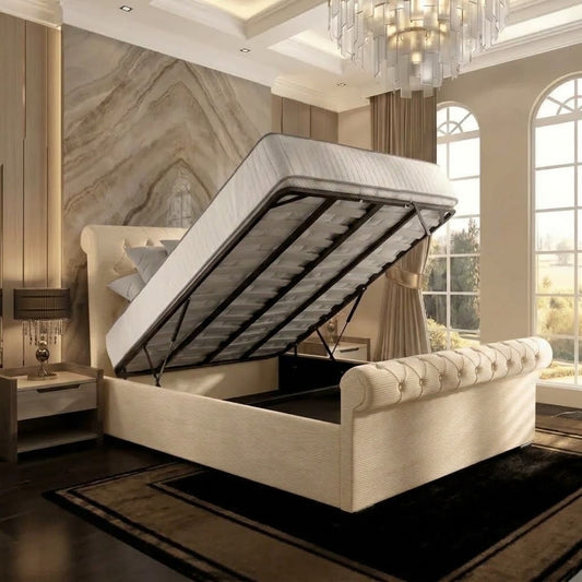 Perl Chesterfield Upholstered Ottoman Bed - Cream Naples