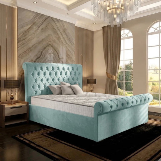 Perl Chesterfield Upholstered Ottoman Bed - Duck Egg Plush Velvet