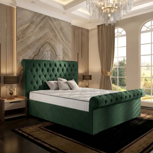 Perl Chesterfield Upholstered Ottoman Bed - Green Plush Velvet