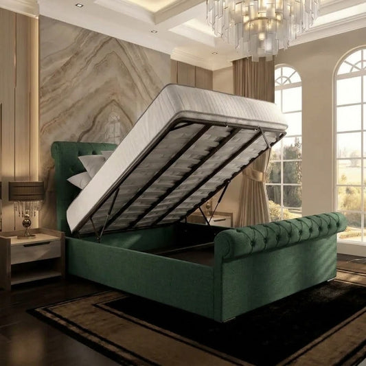 Perl Chesterfield Upholstered Ottoman Bed - Green Plush Velvet