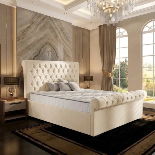 Perl Chesterfield Upholstered Ottoman Bed - Ivory Plush Velvet