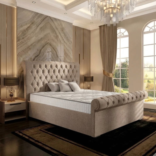 Perl Chesterfield Upholstered Ottoman Bed - Latte Wool
