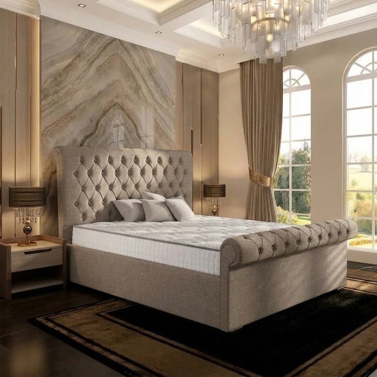 Perl Chesterfield Upholstered Ottoman Bed - Light Grey Plush Velvet