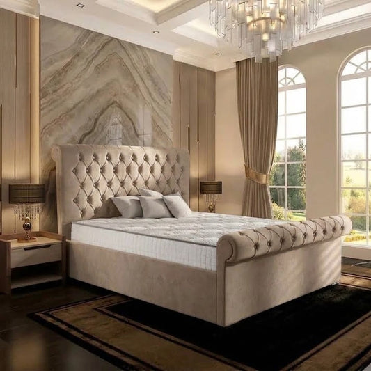 Perl Chesterfield Upholstered Ottoman Bed - Putty Plush Velvet