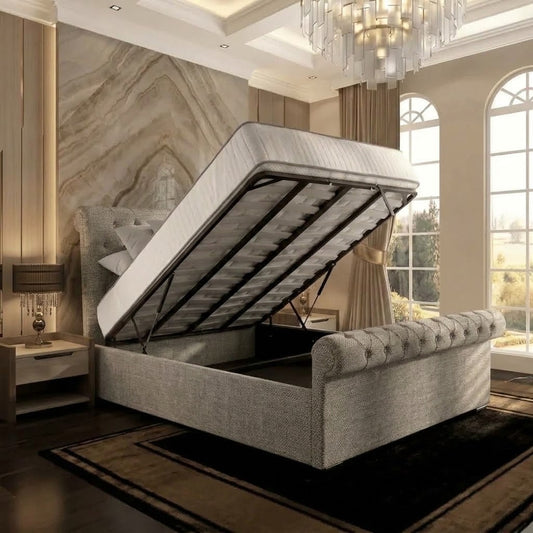 Perl Chesterfield Upholstered Ottoman Bed - Sage Linen
