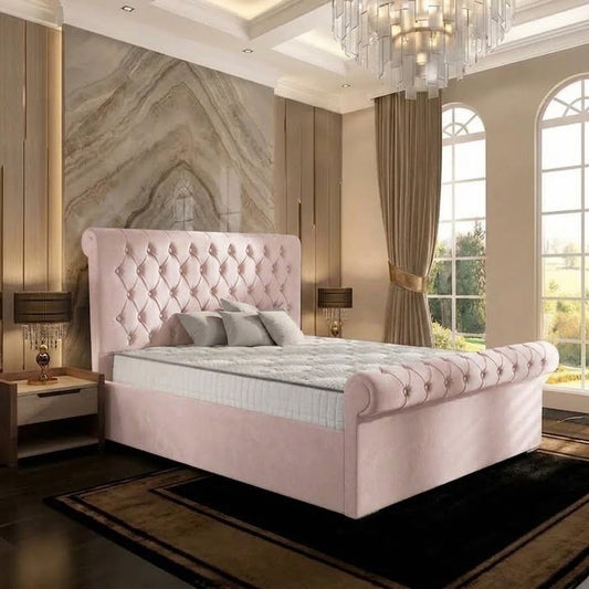 Perl Chesterfield Upholstered Ottoman Bed - Soft Pink Plush Velvet