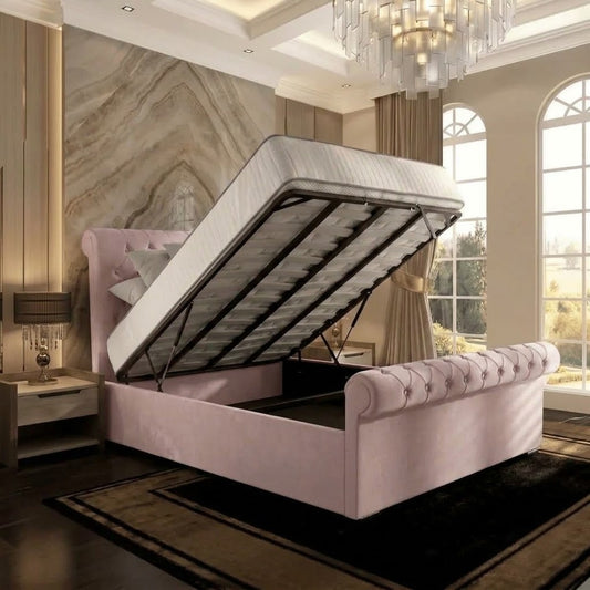 Perl Chesterfield Upholstered Ottoman Bed - Soft Pink Plush Velvet