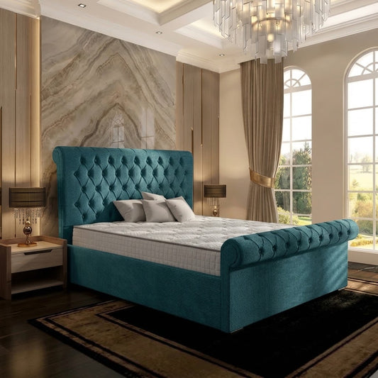 Perl Chesterfield Upholstered Ottoman Bed - Teal Linen