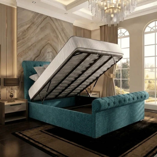 Perl Chesterfield Upholstered Ottoman Bed - Teal Linen