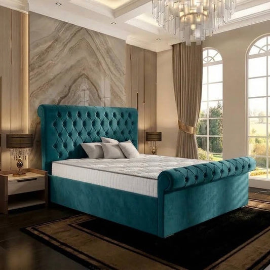 Perl Chesterfield Upholstered Ottoman Bed - Teal Plush Velvet