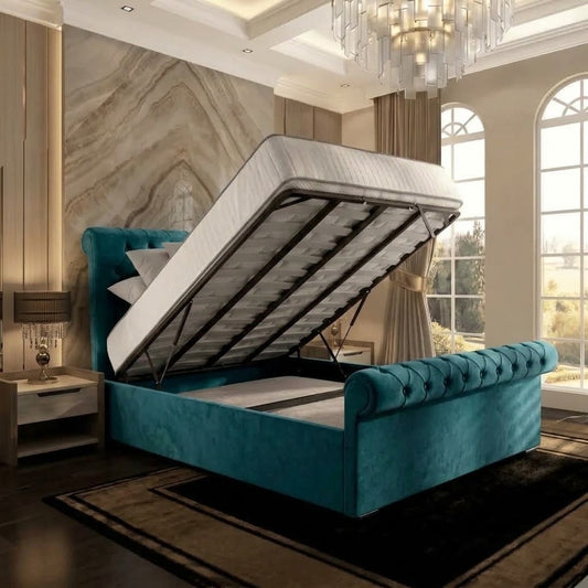 Perl Chesterfield Upholstered Ottoman Bed - Teal Plush Velvet
