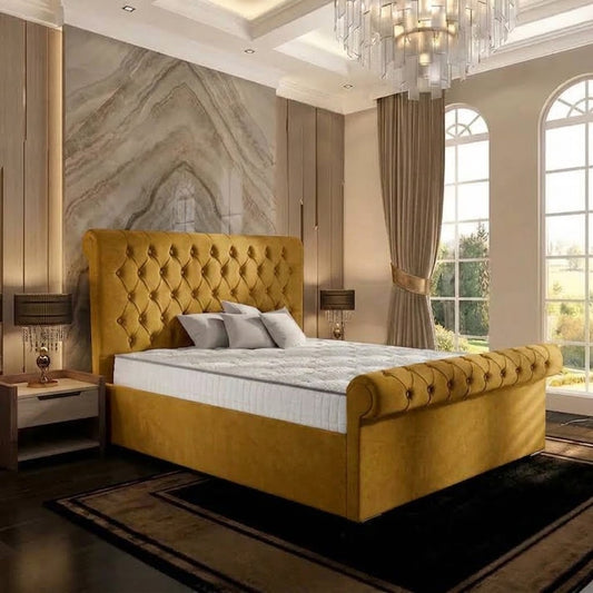 Perl Chesterfield Upholstered Ottoman Bed - Tumeric Plush Velvet