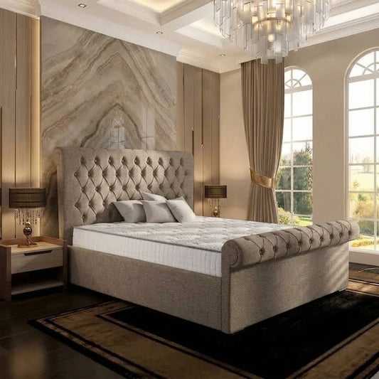 Perl Chesterfield Upholstered Ottoman Bed - Wheat Linen