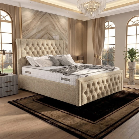 Silk Upholstered Ottoman Bed - Beige Plush Velvet