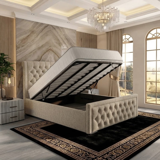 Silk Upholstered Ottoman Bed - Beige Plush Velvet