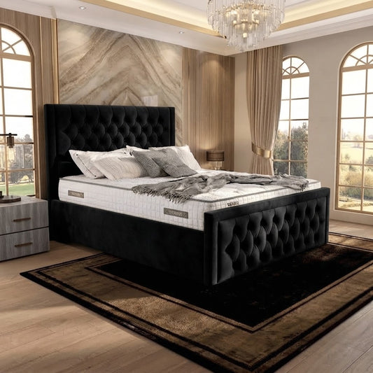Silk Upholstered Ottoman Bed - Black Plush Velvet