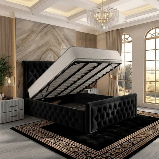 Silk Upholstered Ottoman Bed - Black Plush Velvet