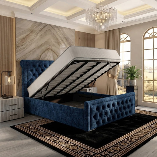 Silk Upholstered Ottoman Bed - Blue Chenille
