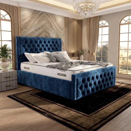 Silk Upholstered Ottoman Bed - Blue Naples