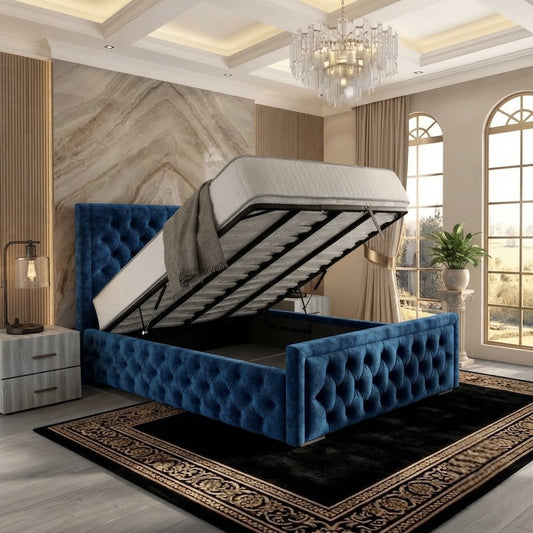 Silk Upholstered Ottoman Bed - Blue Naples