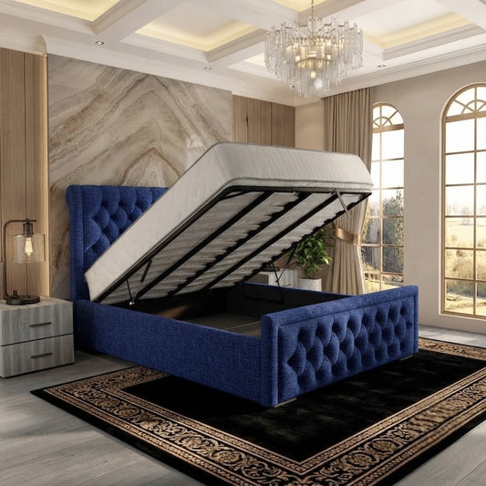 Silk Upholstered Ottoman Bed - Blue Plush Velvet