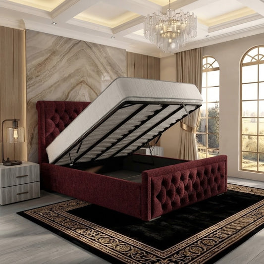 Silk Upholstered Ottoman Bed - Burgundy Plush Velvet
