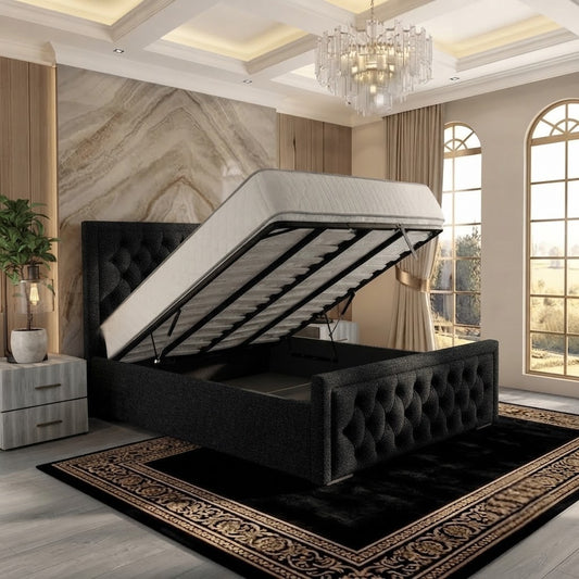 Silk Upholstered Ottoman Bed - Charcoal Linen