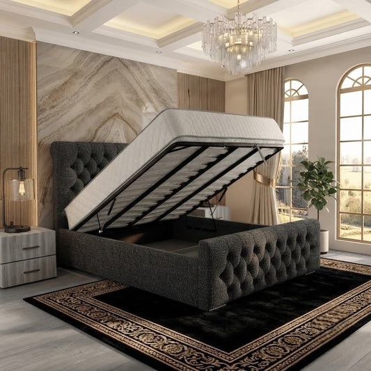 Silk Upholstered Ottoman Bed - Charcoal Plush Velvet
