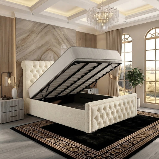 Silk Upholstered Ottoman Bed - Cream Naples
