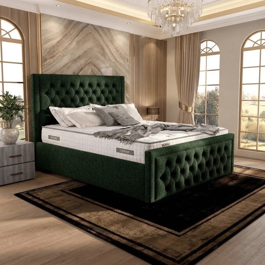 Silk Upholstered Ottoman Bed - Green Plush Velvet